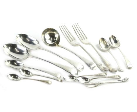 A collection of silver spoons, to include an Old English pattern ladle, a pair of table forks, each engraved with a monogram,