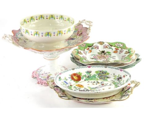 A quantity of 19thC ironstone type porcelain, to include two handled dishes, a centre piece, an Ashworth Brothers bowl made f