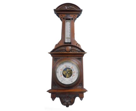 A late 19thC/early 20thC aneroid barometer and thermometer in carved walnut case, 64cm H.