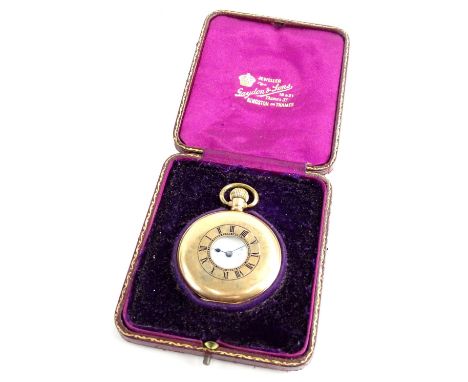 A gold plated half Hunter pocket watch, with white enamel dial, seconds dial and blue hands, bezel wind with Swiss Artox move