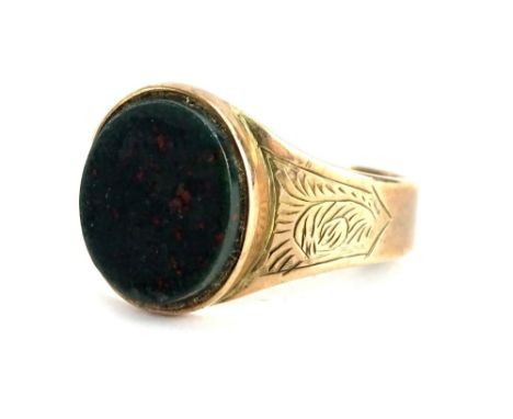 A 9ct gold signet ring, with oval green and set red agate, with floral engraved shoulders, ring size R½, 3.8g all in, bearing