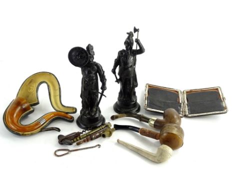 Various pipes, to include a briar type in fitted case, clay pipe, pair of metal figures of warriors, etc. (a quantity)