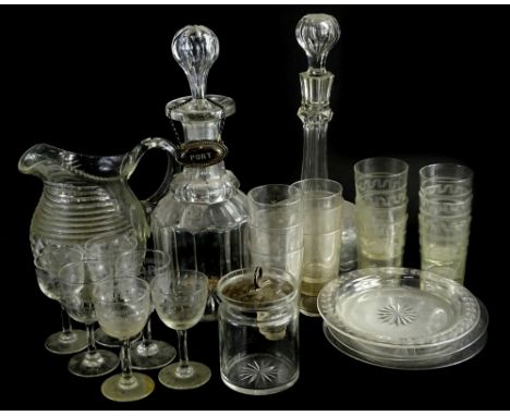 Various cut glass ware, etc., an early 20thC decanter, with shaped stopper 26cm H, various drinking glasses, partially etched
