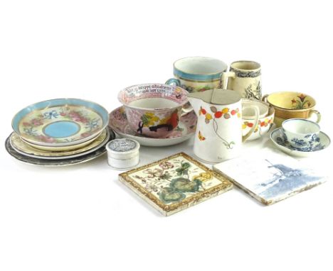 Various pottery and effects, a large cup, 16cm W, an 18thC Worcester tea bowl and saucer with blue crescent mark, various oth