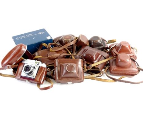 A Zeiss Icon Contina camera, in brown leather or leatherette case and various similar cameras, etc.