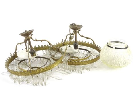 A pair of gilt metal and cut glass basket shaped bracket type light fittings, and a frosted glass shade. (3)