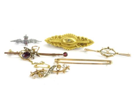 Various bar brooches, comprising a Victorian 9ct gold memorial brooch, of elaborate filigree design, with central white stone