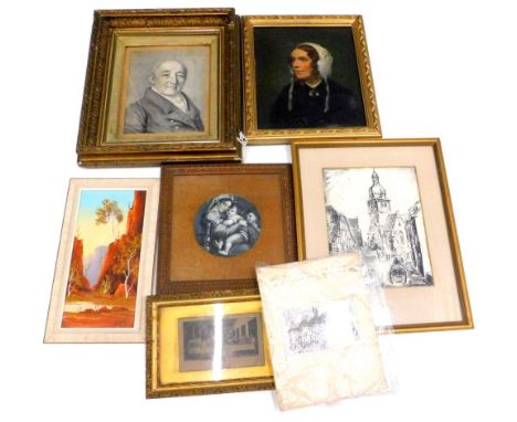 Late 19thC School. Portrait of a lady wearing a lace bonnet, oil on canvas, 30cm x 24cm, and various other pictures, to inclu