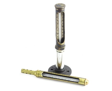 An engineers brass cased thermometer, possibly relating to Rustons of Lincoln, and another similar stamped HEZZANIT, adapted.