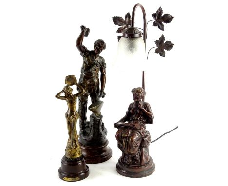 Various spelter figures, etc., to include a bronzed metal lamp base, spelter figure of a workman and anvil, etc.