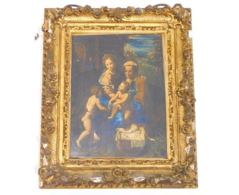 A 19thC religious print of figures and putti, after an old Master, 22cm x 16cm.