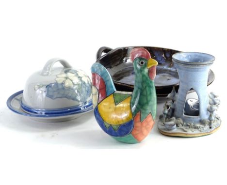 Various studio pottery, etc., a ceramic hen, multi coloured hand made in South Africa, 19cm H, a florally decorated muffin di