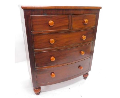 A Victorian mahogany bow fronted chest, of two short and three long drawers on turned feet (AF), 102cm W.