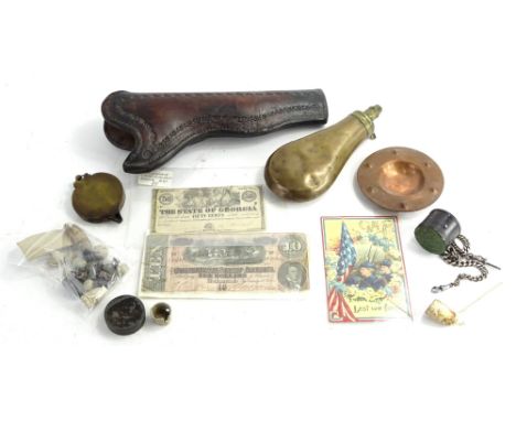 A quantity of American civil war related items, to include currency circa 1860, powder flask, some banknotes, bullets, etc.