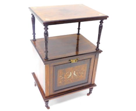 An Edwardian rosewood and marquetry music stand, the rectangular top with a moulded ledge on turned supports, the base with a