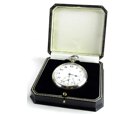 A Rolex stainless steel military pocket watch, with white enamel dial, numbers, seconds dial and blue hands, stamped to rear,