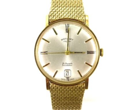 A vintage Rotary gents wristwatch in 9ct case, expanding gold plate bracelet, with date aperture. 