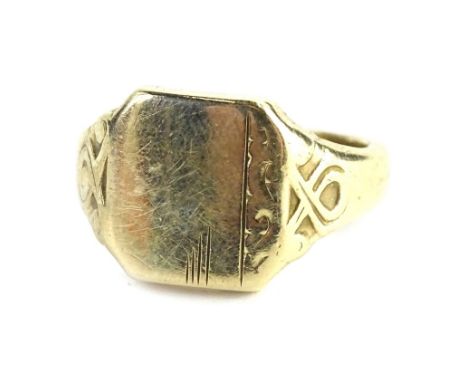 A 9ct gold signet ring, with rectangular shield and partial floral engraving, scroll design shoulders, ring size O½, 7.9g.