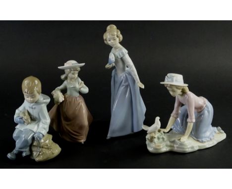 Four Nao porcelain figurines, to include man with luggage, lady with fan, etc.