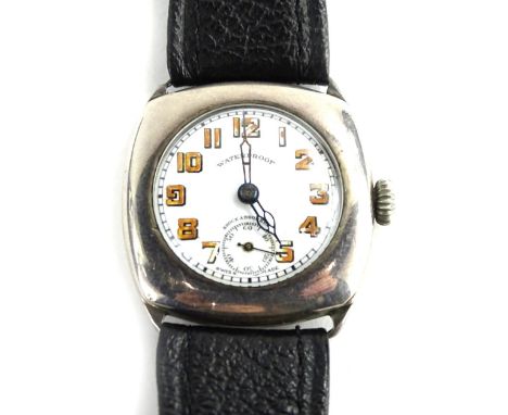 A silver cased gents wristwatch, inscribed to back Captain R.F. Curtis RA 93613 C of E, and numbered 3630945, with a white en