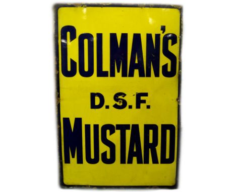 A Colman's mustard enamel sign, in blue, on a yellow ground, Colman's D.S.F Mustard, 92cm x 61cm.