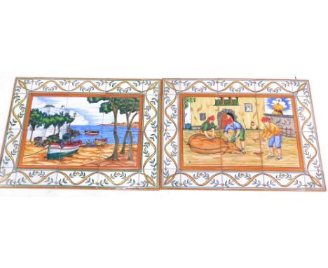 Sogemar (Portugal?). Handpainted ceramic tile pictures, a pair each, 45cm x 60cm.