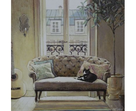 A. Fletcher (20thC). Cat sleeping, coloured print, signed, 36.5cm x 36.5cm.