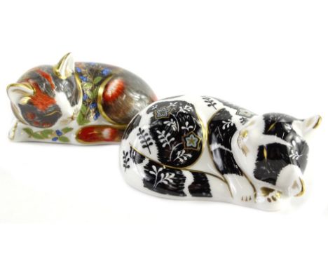 A Royal Crown Derby porcelain Catnip Kitten paperweight, and another Misty, silver button to catnip kitten, gold to Misty (2)