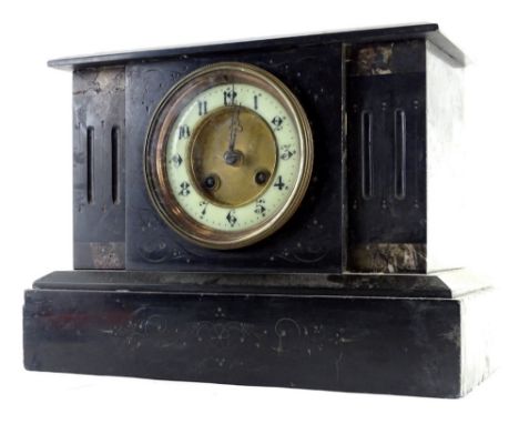A 19thC slate and marble mantel clock, the architectural case holding a 10cm W Arabic dial, revealing an eight day movement, 