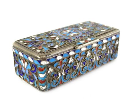 A Russian silver and cloisonne and champleve enamel rectangular box and cover, decorated with scrolls, leaves, flowers, etc.,