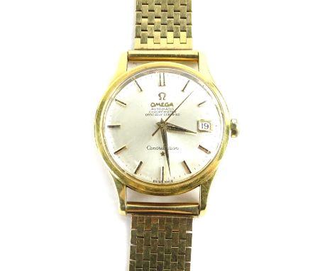 An Omega automatic chronometer Constellation gentleman's wristwatch, with 9ct gold strap, 68.6g all in.
