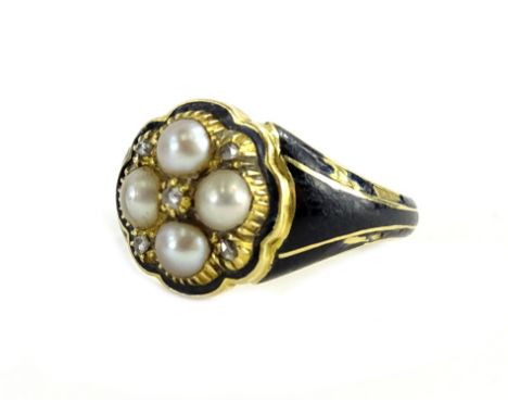 A Victorian yellow metal mourning brooch, with black enamel detail, inset with four pearls, and tiny diamonds, etc., 5.6g all