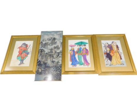 Jo Woods. Samurai and Geisha, watercolours, 47cm x 33cm, a set of three, and another print.