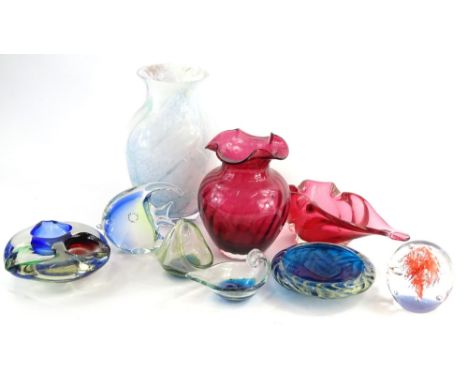 A Caithness pink and white mottled glass vase, 24cm H, and other art glass to include V.Nason Murano.
