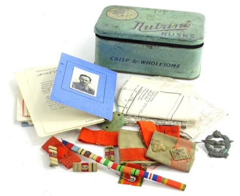 Various items relating to an AHM Hoare, including medical records, ticket for the SS Mauritania September 1945, letters, cap 