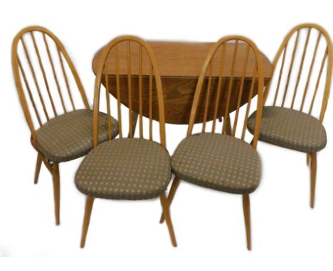 An Ercol light elm oval drop leaf kitchen table, on square tapering legs, and four matching chairs, 110cm W.