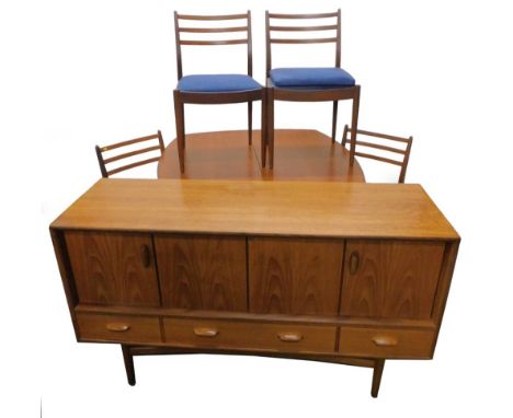 A G plan type retro teak dining room suite, comprising sideboard, with two pairs of hinged doors and three drawers, on turned