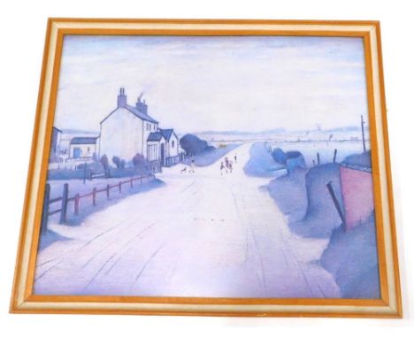 After L S Lowry. Figures beside a farmhouse, etc., coloured print, 53cm x 63cm.