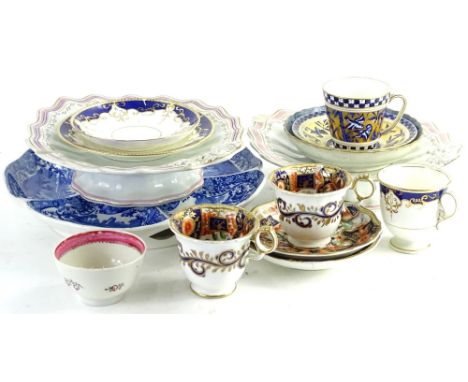 Various 19thC porcelain pottery cabinet cups, etc., a 19thC two cup and saucer set in Imari type decoration, an early 19thC N