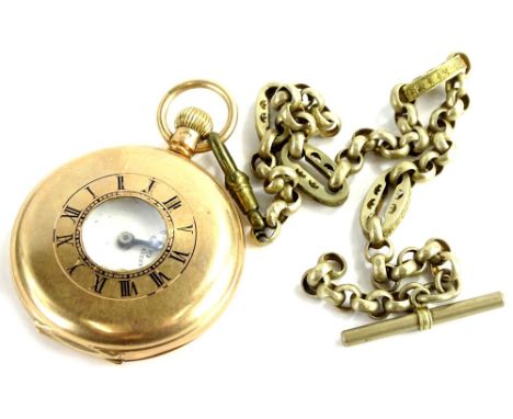 A 9ct gold half hunter pocket watch, with white enamel dial, seconds, dial and blue hands, in 9ct gold case, inscribed for lo