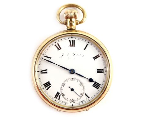 A 9ct gold half hunter pocket watch, with white enamel dial, Roman numerals, seconds dial and blue hands, bezel wind, with fa