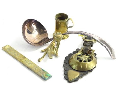 Miscellaneous items, to include horse brasses, an oriental brass ruler, plated ladle, etc.