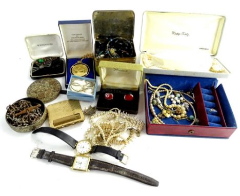 A quantity of modern costume jewellery and effects, to include gold plated bangle, Rotary gents wristwatch in gold plated cas