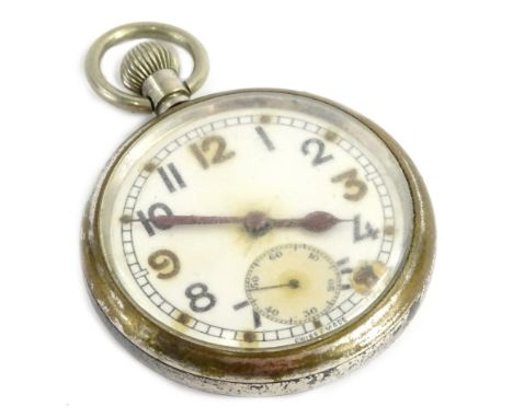 A military silver plated pocket watch, stamped and engraved to the reverse the arrow G.S.T.P, M77105. (AF)