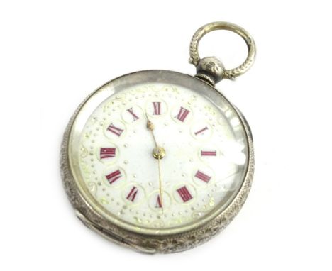 A continental silver fob watch, with white enamel dial, with gold and silvered coloured chasing, red enamel numerals, and a f