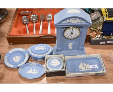 A small selection of 20th century Wedgwood Jasper wares including mantel clock