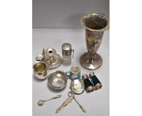 A small box of silver plated wares including chamber stick, vase and a double smelling salts bottle with jade green glass