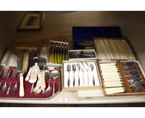 Seven cases of cutlery including fish knife and fork sets, butter knives, fish servers and cake forks