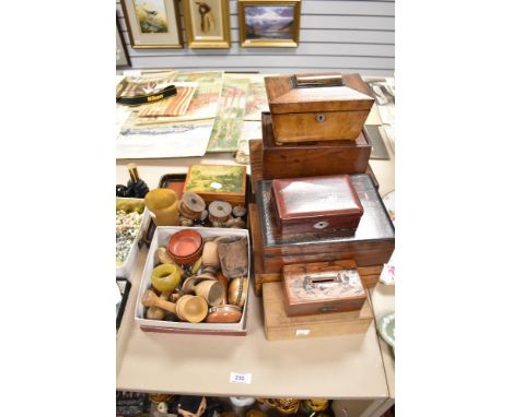 A good collection of treen wood cases including a tea caddy AF, a Walnut veneered writers case and assorted wooden handles
