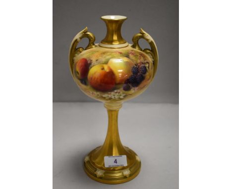 An early 20th century Royal Worcester mantel urn having purple back stamp, hand decorated with fruits by Ricketts. Vase in ve